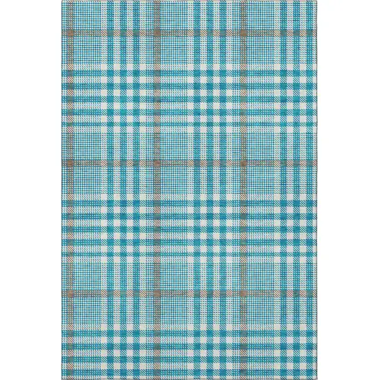 Teal Ivory And Gray Plaid Washable Area Rug With UV Protection Photo 3