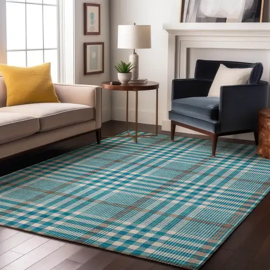 Teal Ivory And Gray Plaid Washable Area Rug With UV Protection Photo 4