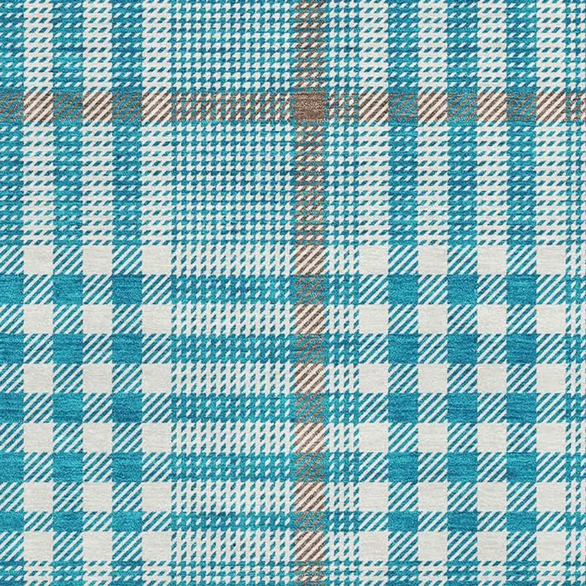Teal Ivory And Gray Plaid Washable Area Rug With UV Protection Photo 2