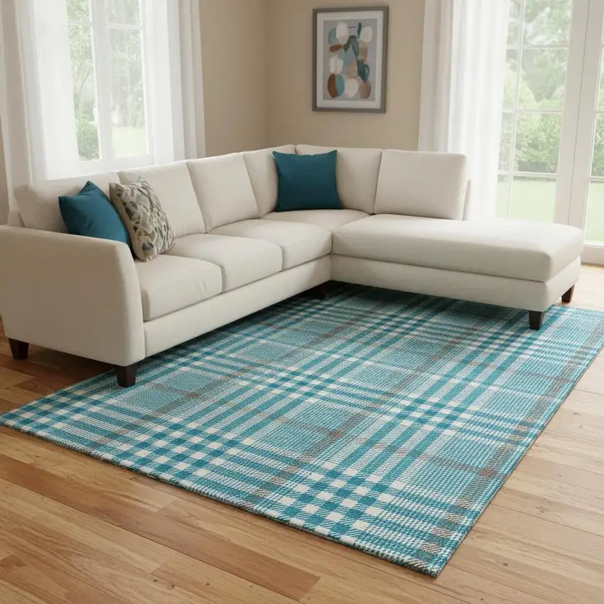 Teal Ivory And Gray Plaid Washable Area Rug With UV Protection Photo 2