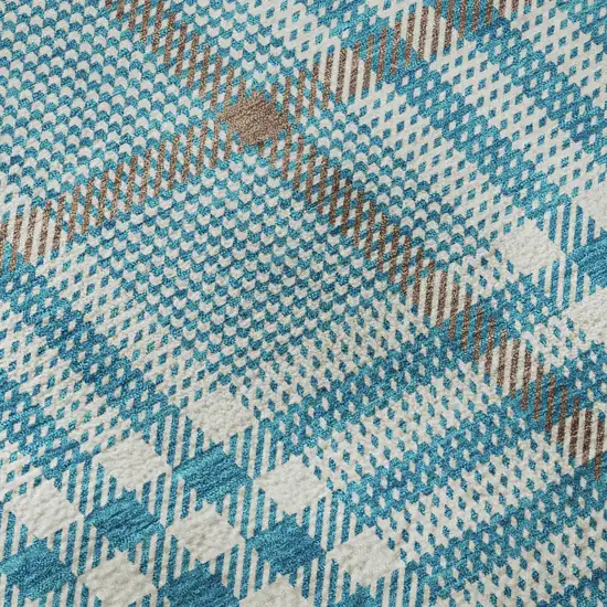 Teal Ivory And Gray Plaid Washable Area Rug With UV Protection Photo 9