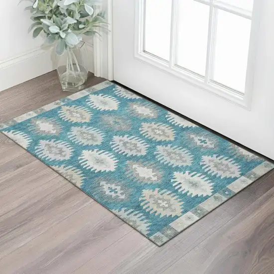 Teal Ivory And Gray Southwestern Washable Area Rug With UV Protection Photo 1