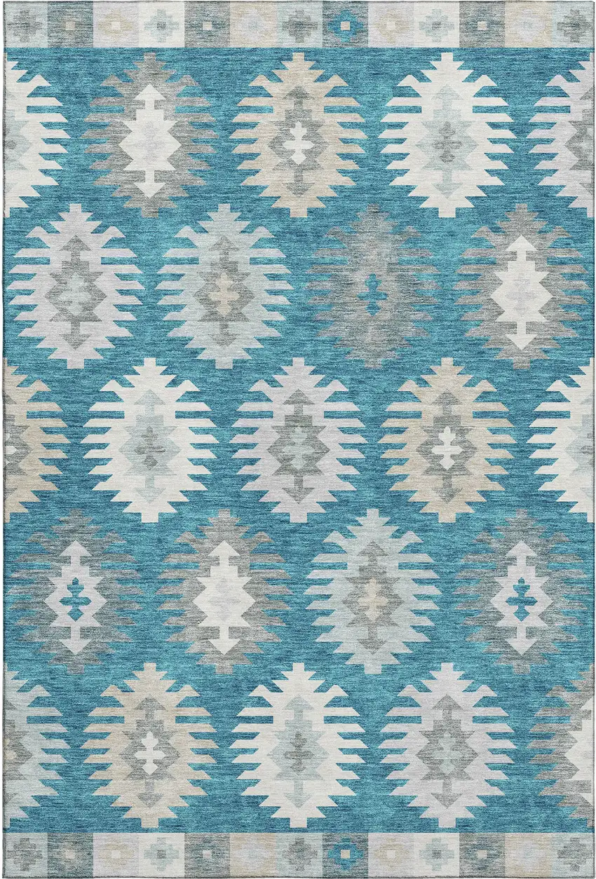 Teal Ivory And Gray Southwestern Washable Area Rug With UV Protection Photo 1