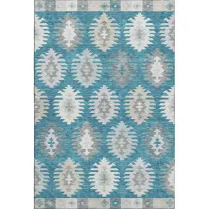 Photo of Teal Ivory And Gray Southwestern Washable Area Rug With UV Protection