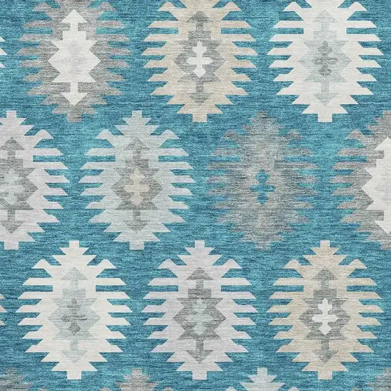 Teal Ivory And Gray Southwestern Washable Area Rug With UV Protection Photo 2