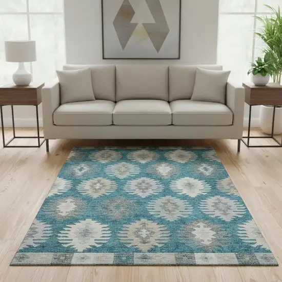 Teal Ivory And Gray Southwestern Washable Area Rug With UV Protection Photo 2