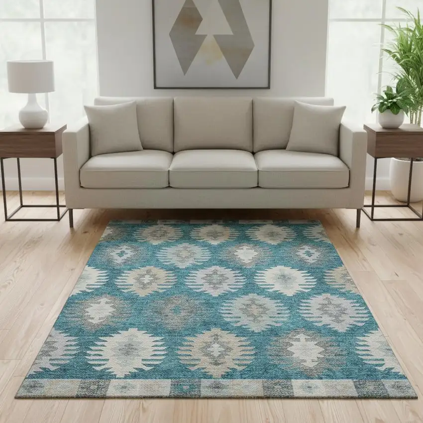 Teal Ivory And Gray Southwestern Washable Area Rug With UV Protection Photo 2