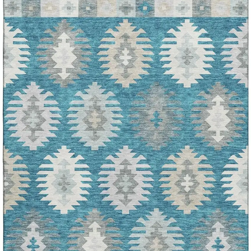 Teal Ivory And Gray Southwestern Washable Area Rug With UV Protection Photo 3