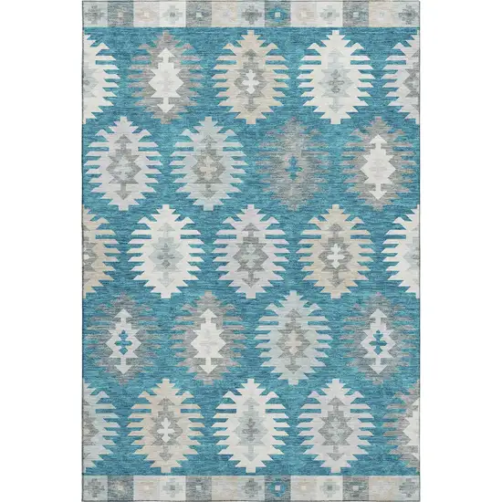 Teal Ivory And Gray Southwestern Washable Area Rug With UV Protection Photo 1