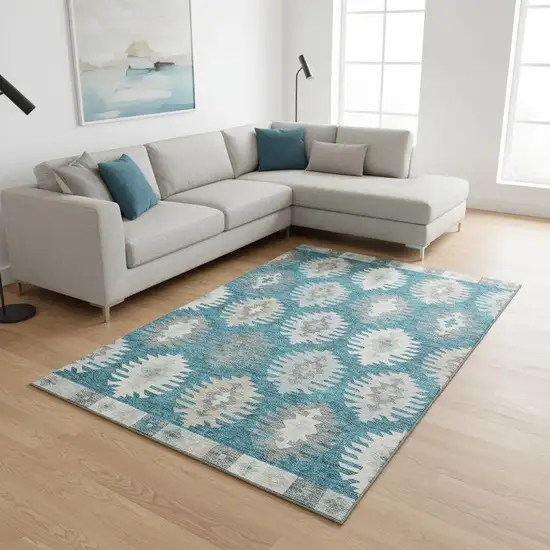 Teal Ivory And Gray Southwestern Washable Area Rug With UV Protection Photo 2