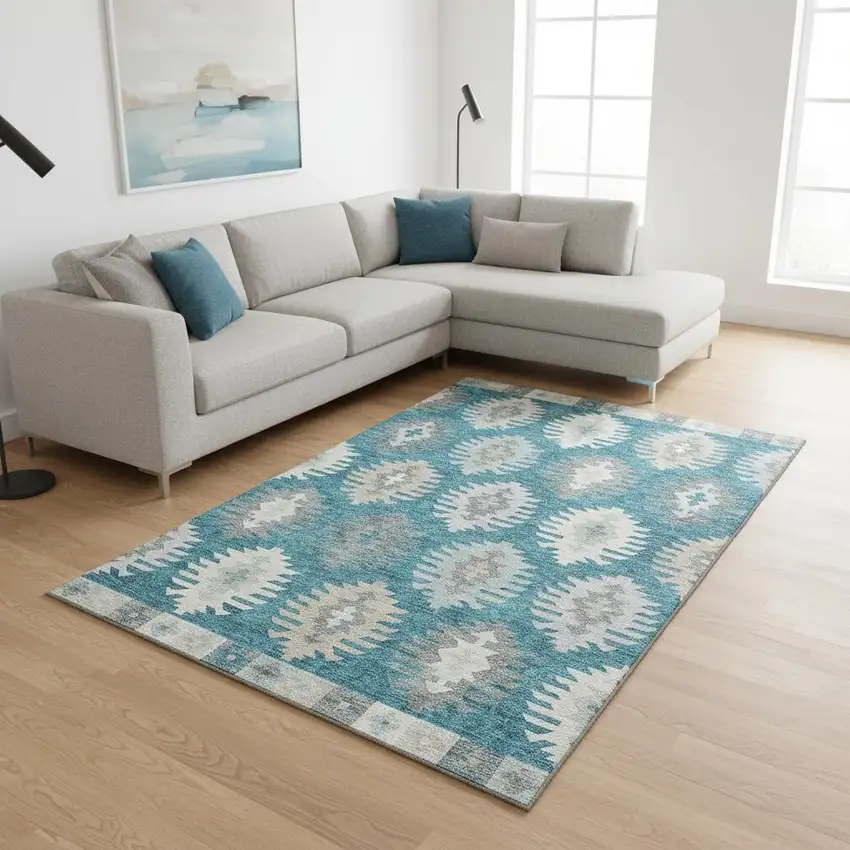 Teal Ivory And Gray Southwestern Washable Area Rug With UV Protection Photo 2