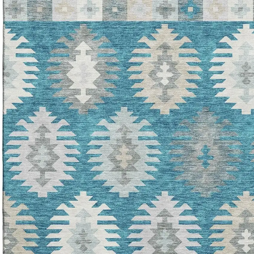 Teal Ivory And Gray Southwestern Washable Area Rug With UV Protection Photo 2