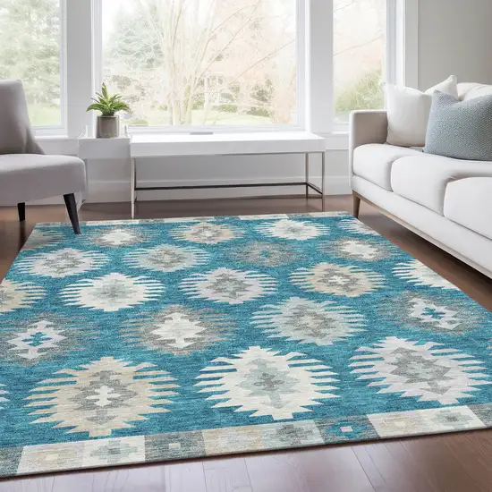 Teal Ivory And Gray Southwestern Washable Area Rug With UV Protection Photo 5