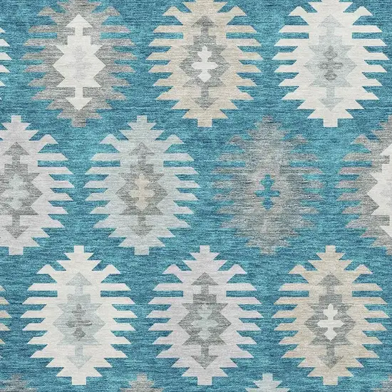 Teal Ivory And Gray Southwestern Washable Area Rug With UV Protection Photo 2