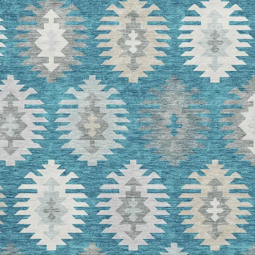 Teal Ivory And Gray Southwestern Washable Area Rug With UV Protection Photo 2