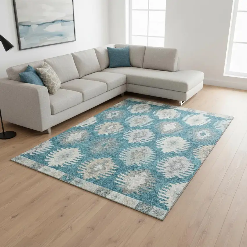 Teal Ivory And Gray Southwestern Washable Area Rug With UV Protection Photo 2