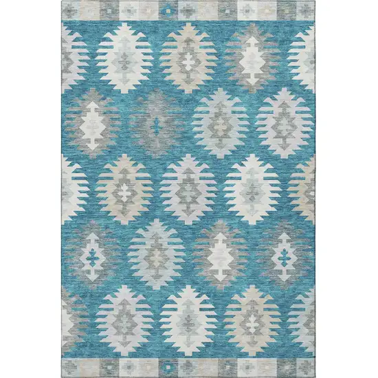 Teal Ivory And Gray Southwestern Washable Area Rug With UV Protection Photo 3