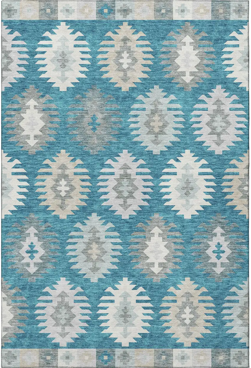 Teal Ivory And Gray Southwestern Washable Area Rug With UV Protection Photo 3