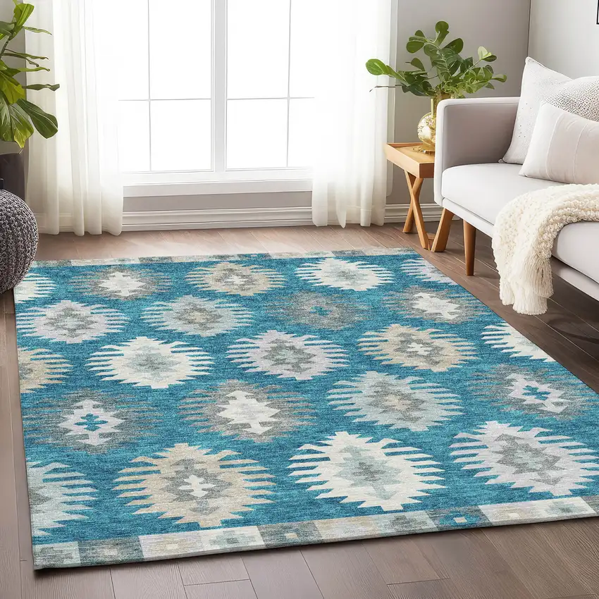 Teal Ivory And Gray Southwestern Washable Area Rug With UV Protection Photo 4