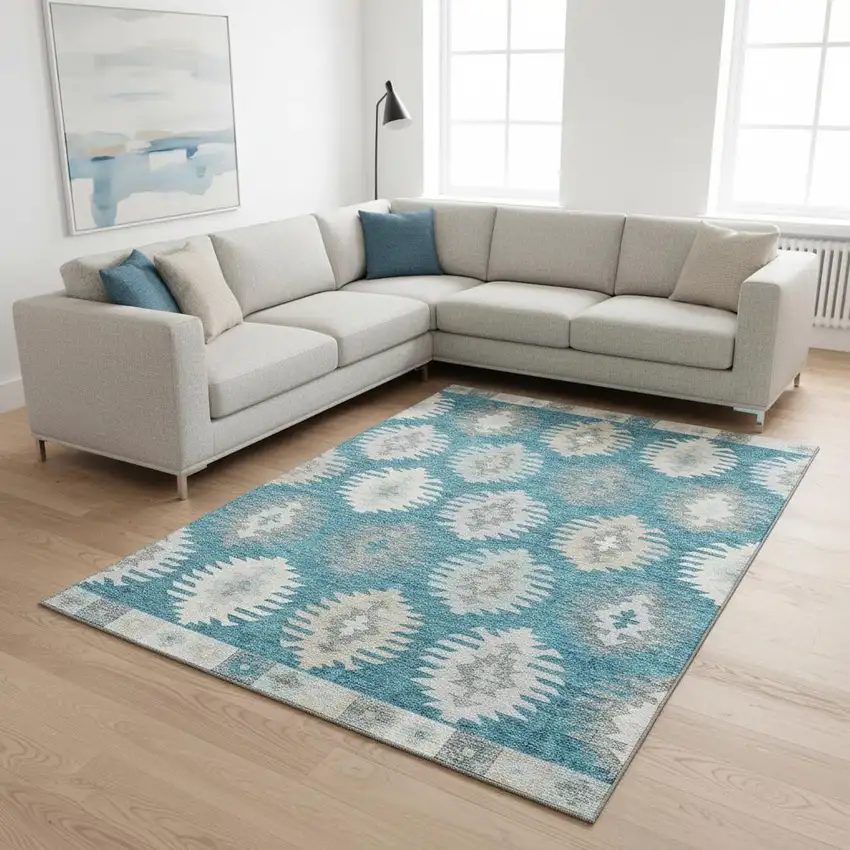 Teal Ivory And Gray Southwestern Washable Area Rug With UV Protection Photo 2