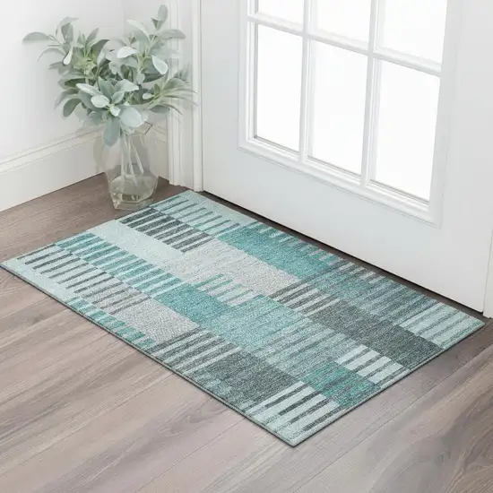 Teal Ivory And Gray Striped Washable Area Rug With UV Protection Photo 1