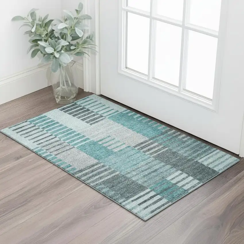 Teal Ivory And Gray Striped Washable Area Rug With UV Protection Photo 1