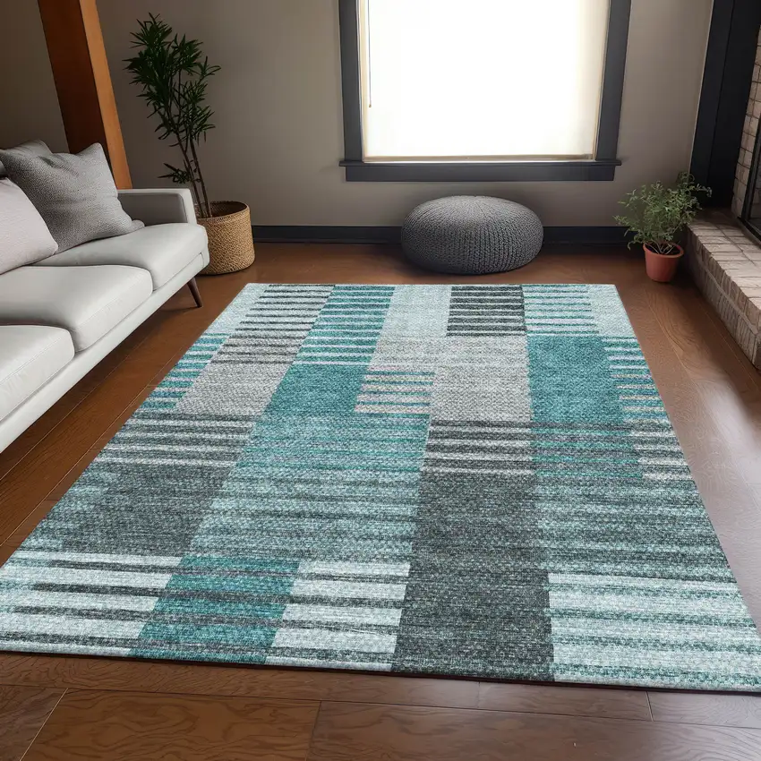 Teal Ivory And Gray Striped Washable Area Rug With UV Protection Photo 3