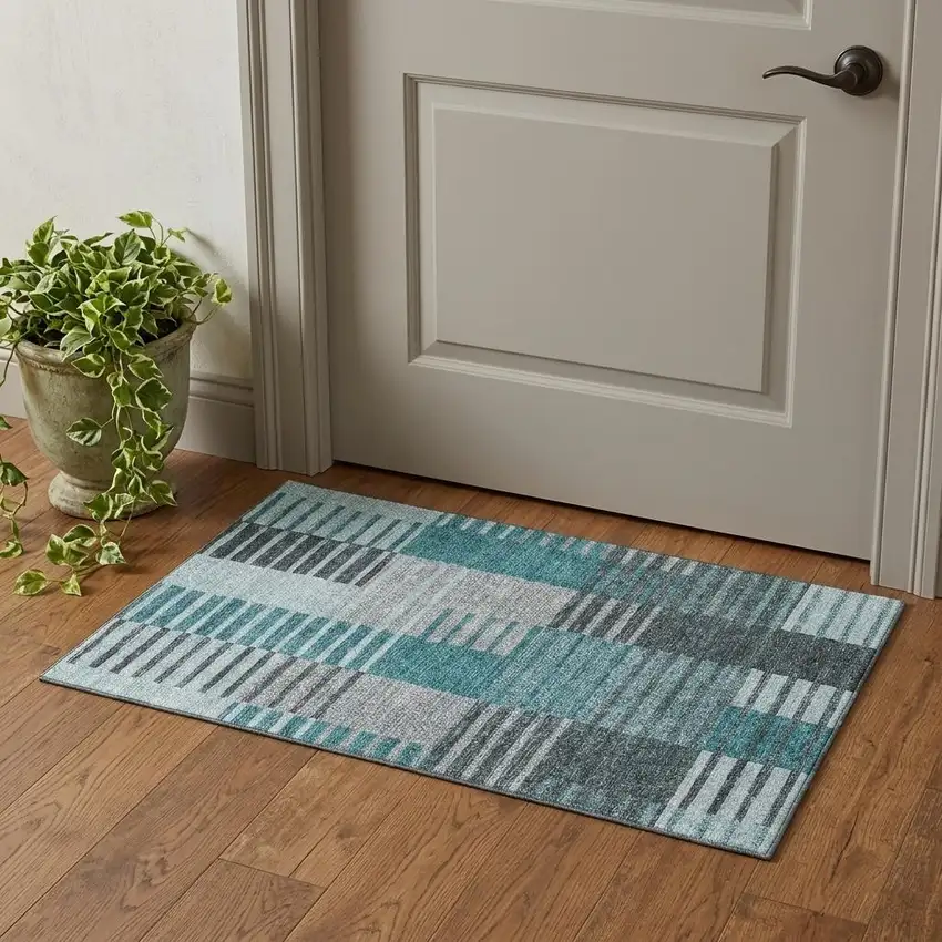 Teal Ivory And Gray Striped Washable Area Rug With UV Protection Photo 1