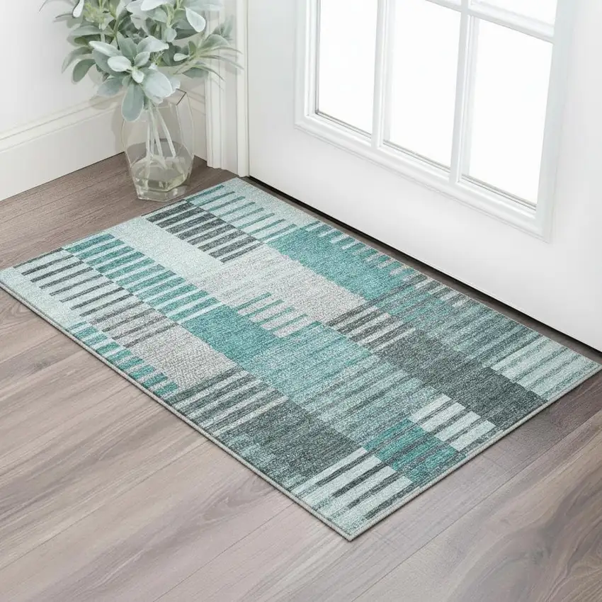 Teal Ivory And Gray Striped Washable Area Rug With UV Protection Photo 2