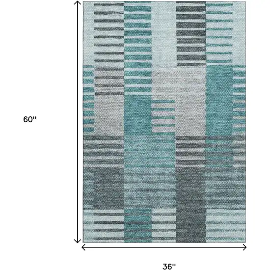 Teal Ivory And Gray Striped Washable Area Rug With UV Protection Photo 5