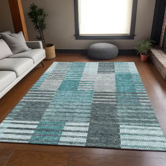 Teal Ivory And Gray Striped Washable Area Rug With UV Protection Photo 5