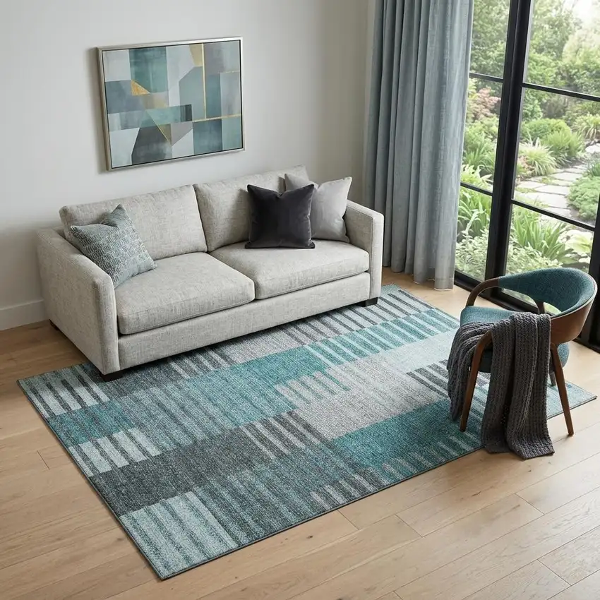 Teal Ivory And Gray Striped Washable Area Rug With UV Protection Photo 1