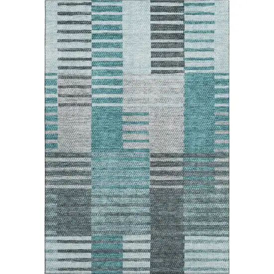 Teal Ivory And Gray Striped Washable Area Rug With UV Protection Photo 2