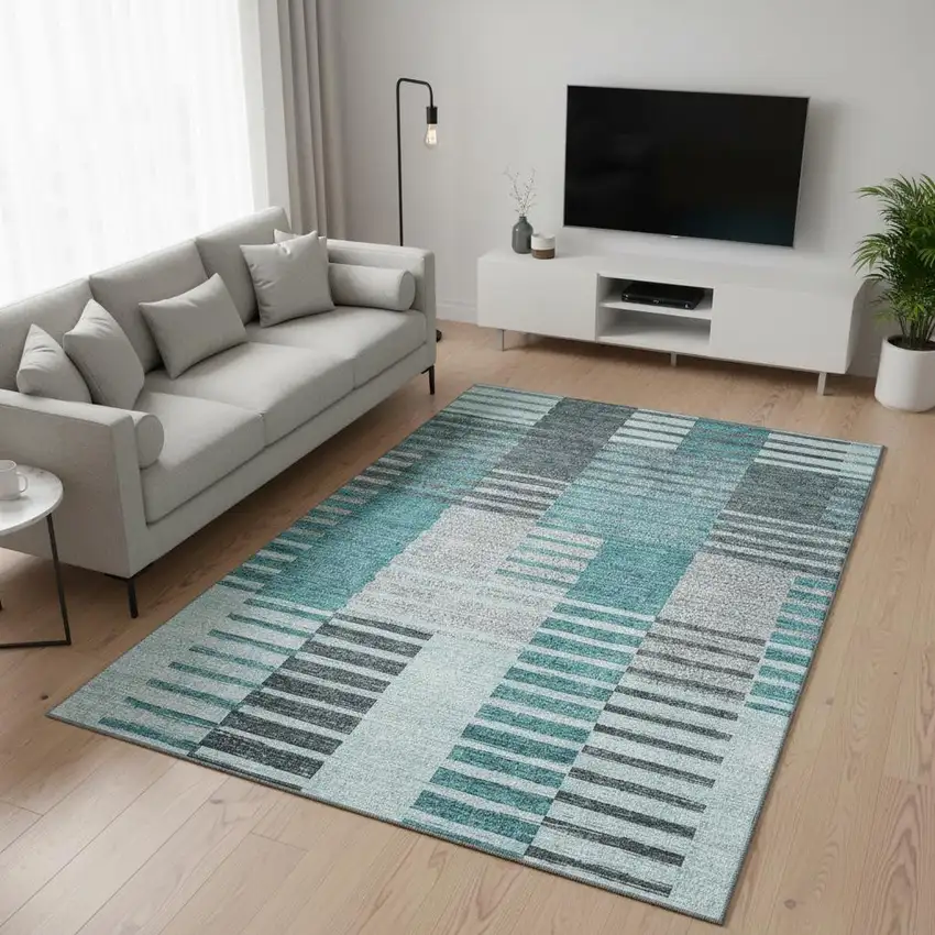 Teal Ivory And Gray Striped Washable Area Rug With UV Protection Photo 1