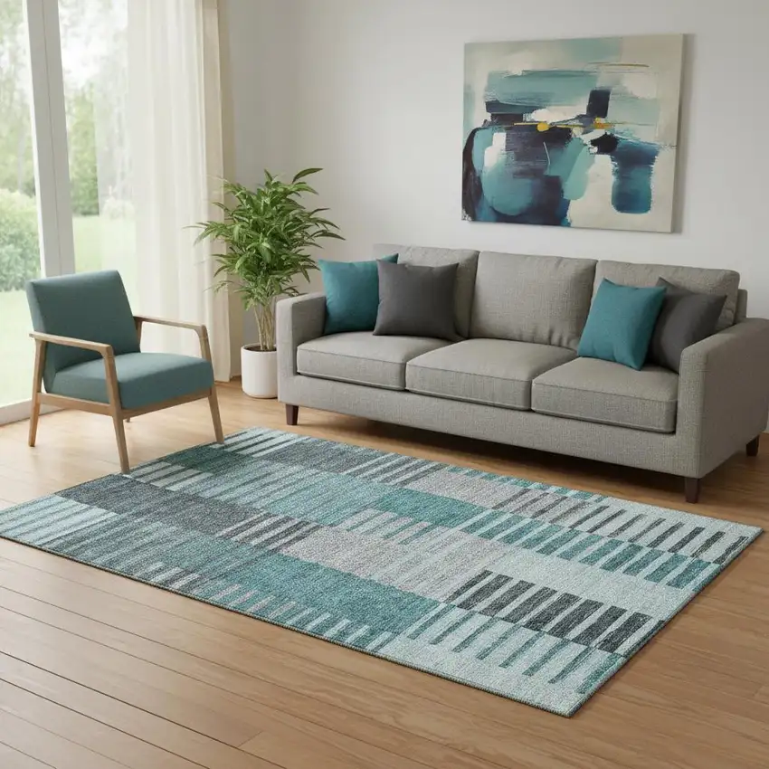 Teal Ivory And Gray Striped Washable Area Rug With UV Protection Photo 1