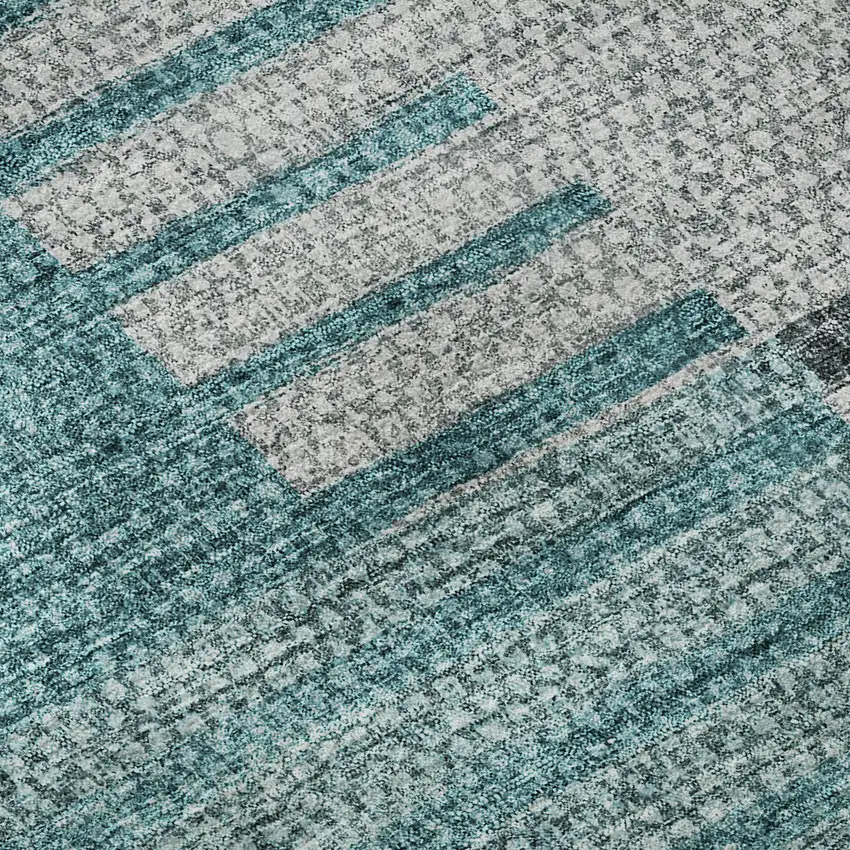 Teal Ivory And Gray Striped Washable Area Rug With UV Protection Photo 9