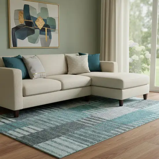 Teal Ivory And Gray Striped Washable Area Rug With UV Protection Photo 1