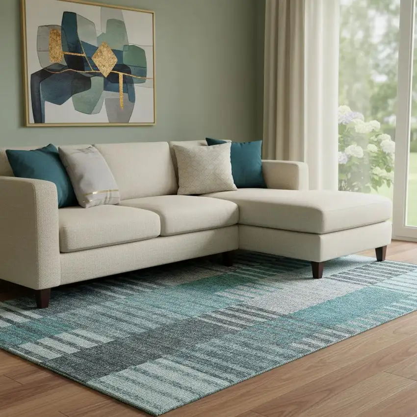 Teal Ivory And Gray Striped Washable Area Rug With UV Protection Photo 1