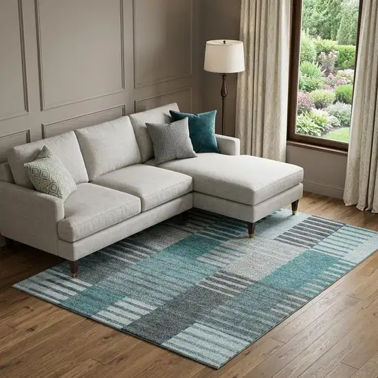 Teal Ivory And Gray Striped Washable Area Rug With UV Protection Photo 1