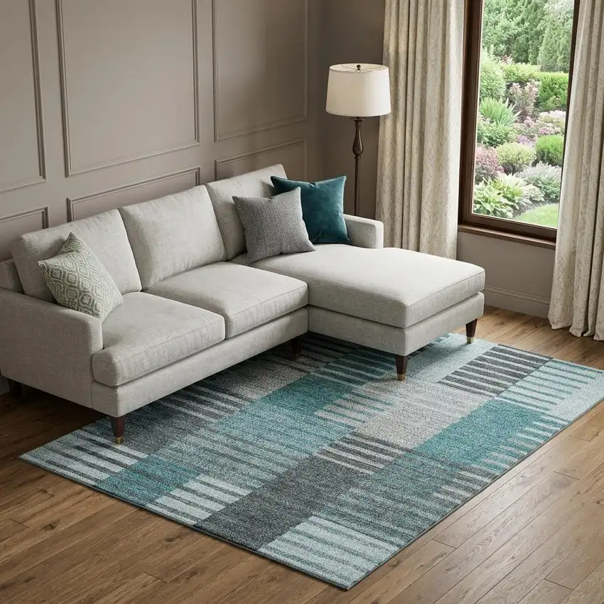 Teal Ivory And Gray Striped Washable Area Rug With UV Protection Photo 1