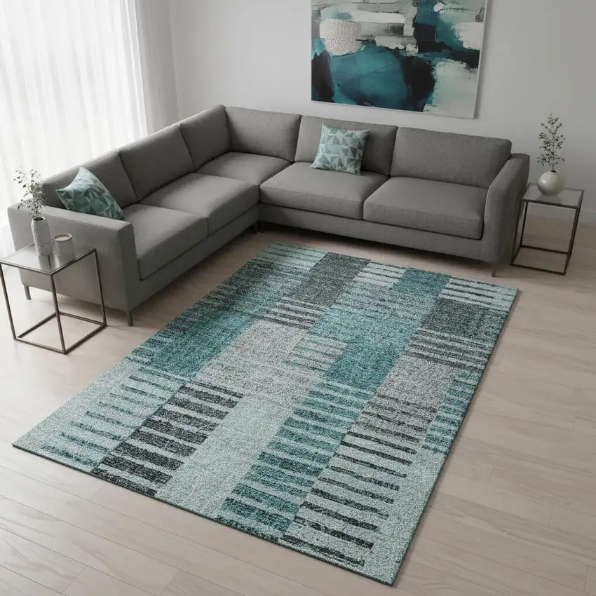 Teal Ivory And Gray Striped Washable Area Rug With UV Protection Photo 1