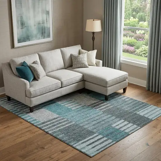 Teal Ivory And Gray Striped Washable Area Rug With UV Protection Photo 1