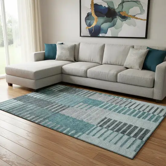 Teal Ivory And Gray Striped Washable Area Rug With UV Protection Photo 6