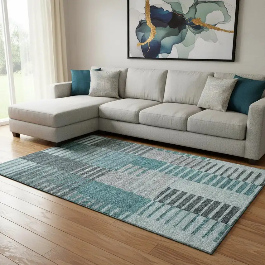 Teal Ivory And Gray Striped Washable Area Rug With UV Protection Photo 6