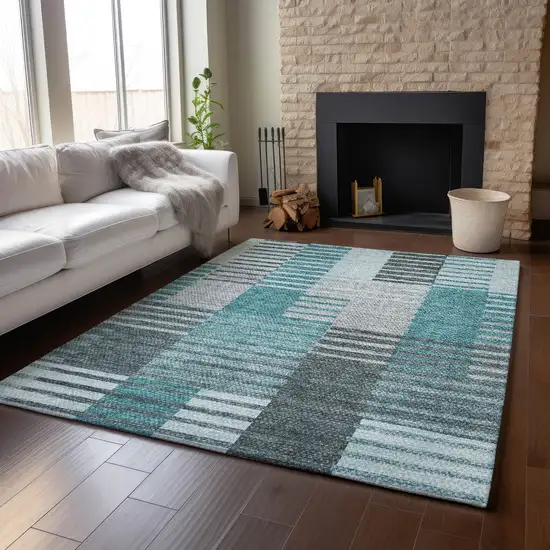 Teal Ivory And Gray Striped Washable Area Rug With UV Protection Photo 4