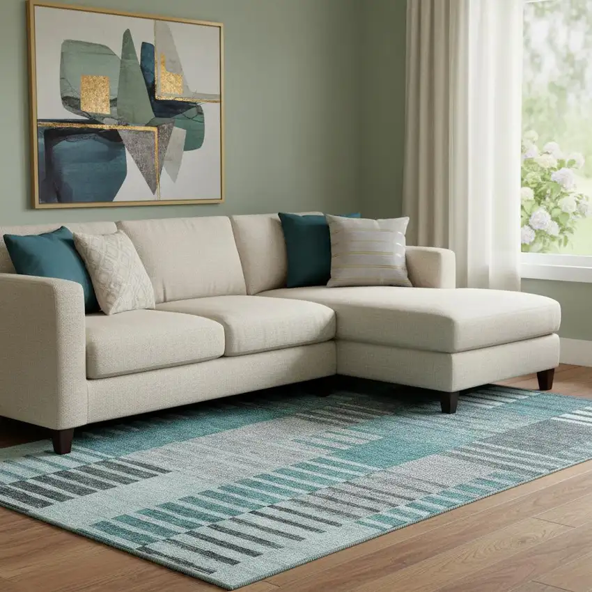 Teal Ivory And Gray Striped Washable Area Rug With UV Protection Photo 1