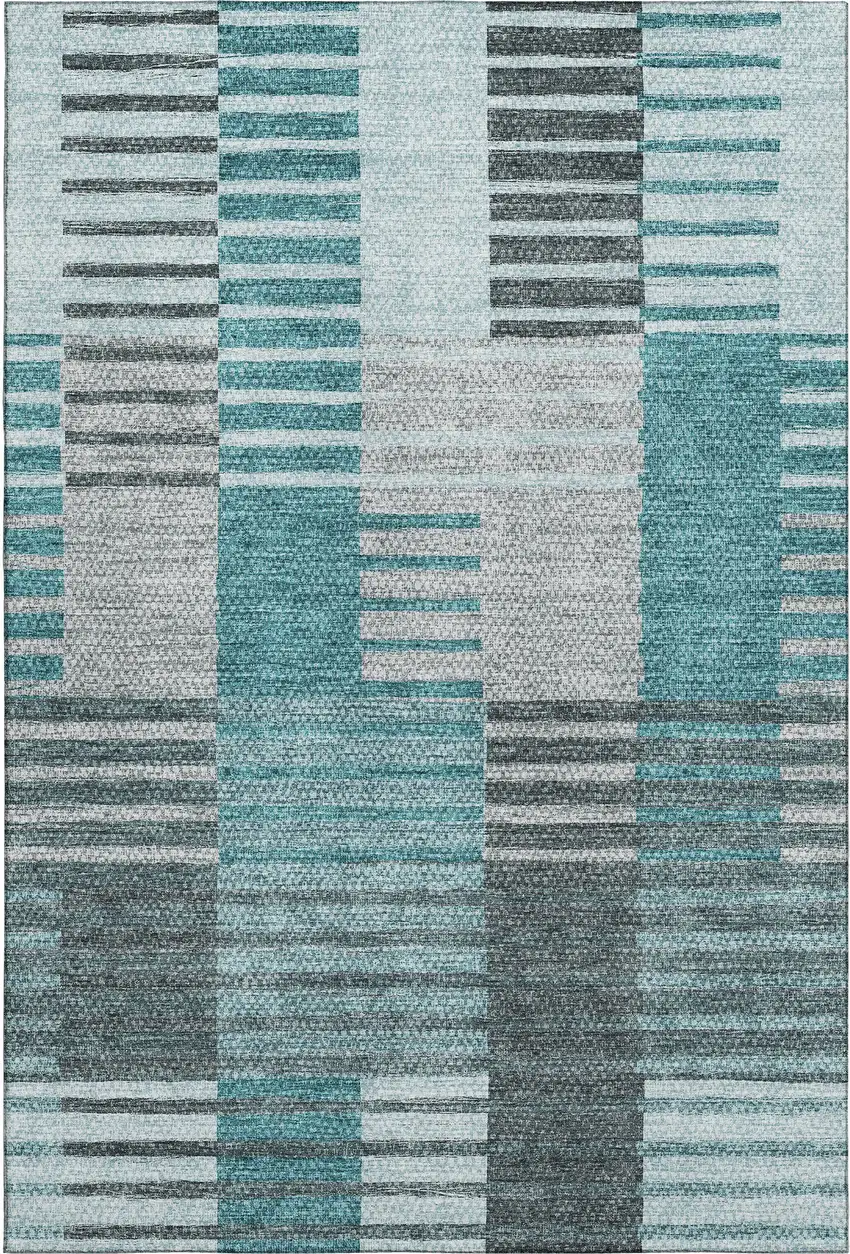 Teal Ivory And Gray Striped Washable Area Rug With UV Protection Photo 2