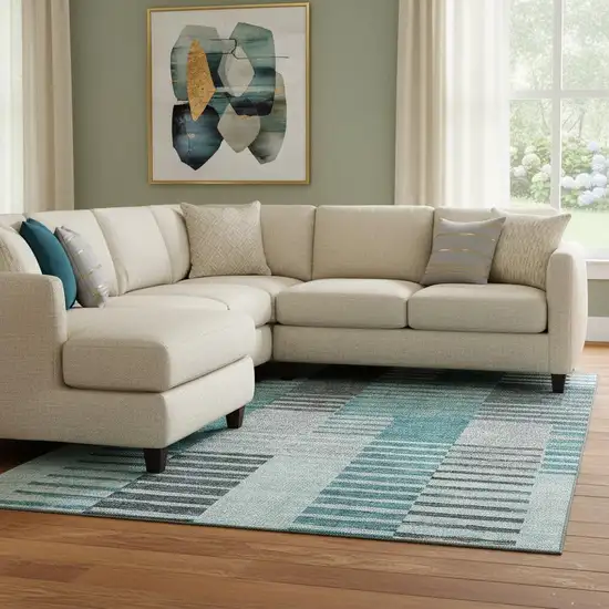 Teal Ivory And Gray Striped Washable Area Rug With UV Protection Photo 1