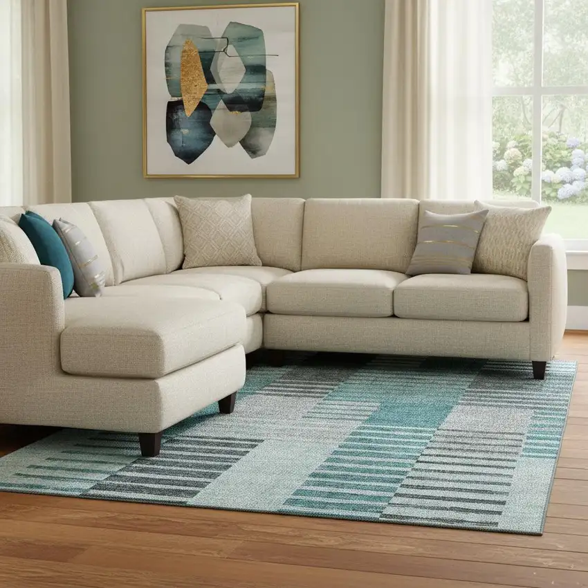 Teal Ivory And Gray Striped Washable Area Rug With UV Protection Photo 1