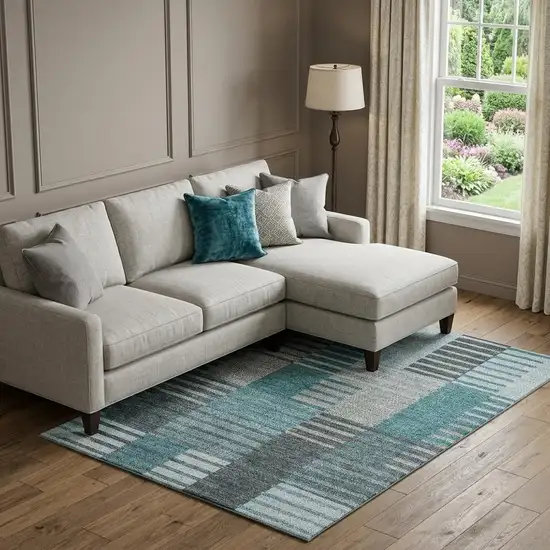 Teal Ivory And Gray Striped Washable Area Rug With UV Protection Photo 1